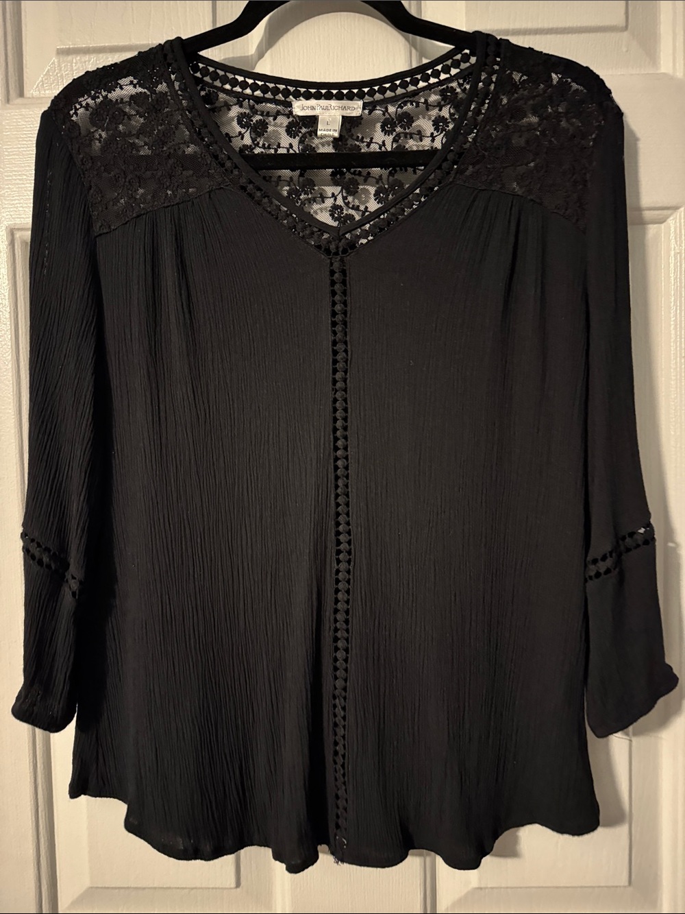 JohnPaulRichard Black Lace-Yoke V-Neck Blouse